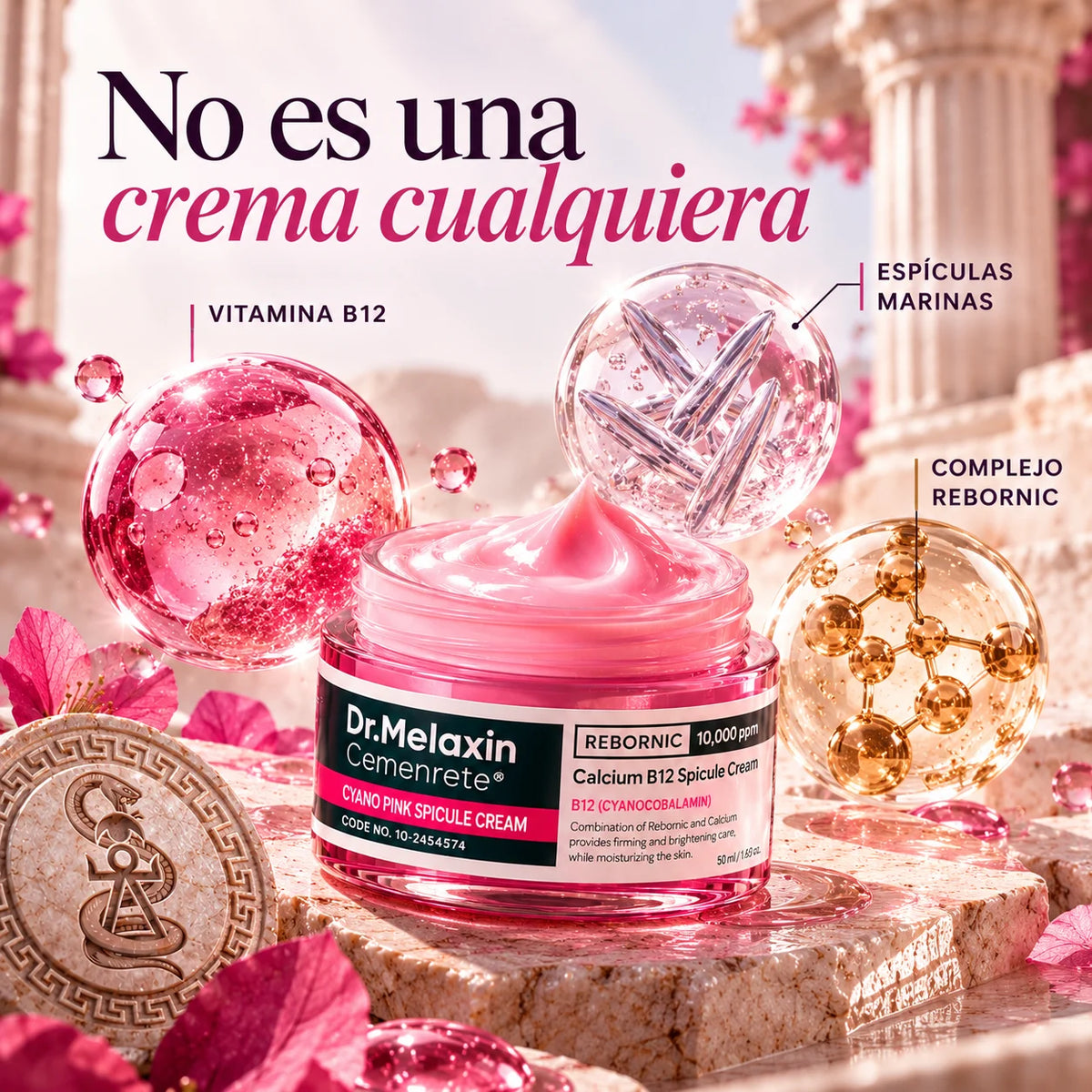 Crema rosa Dr. Melaxin con ilustraciones de vitamina B12, espículas marinas y complejo Rebornic.