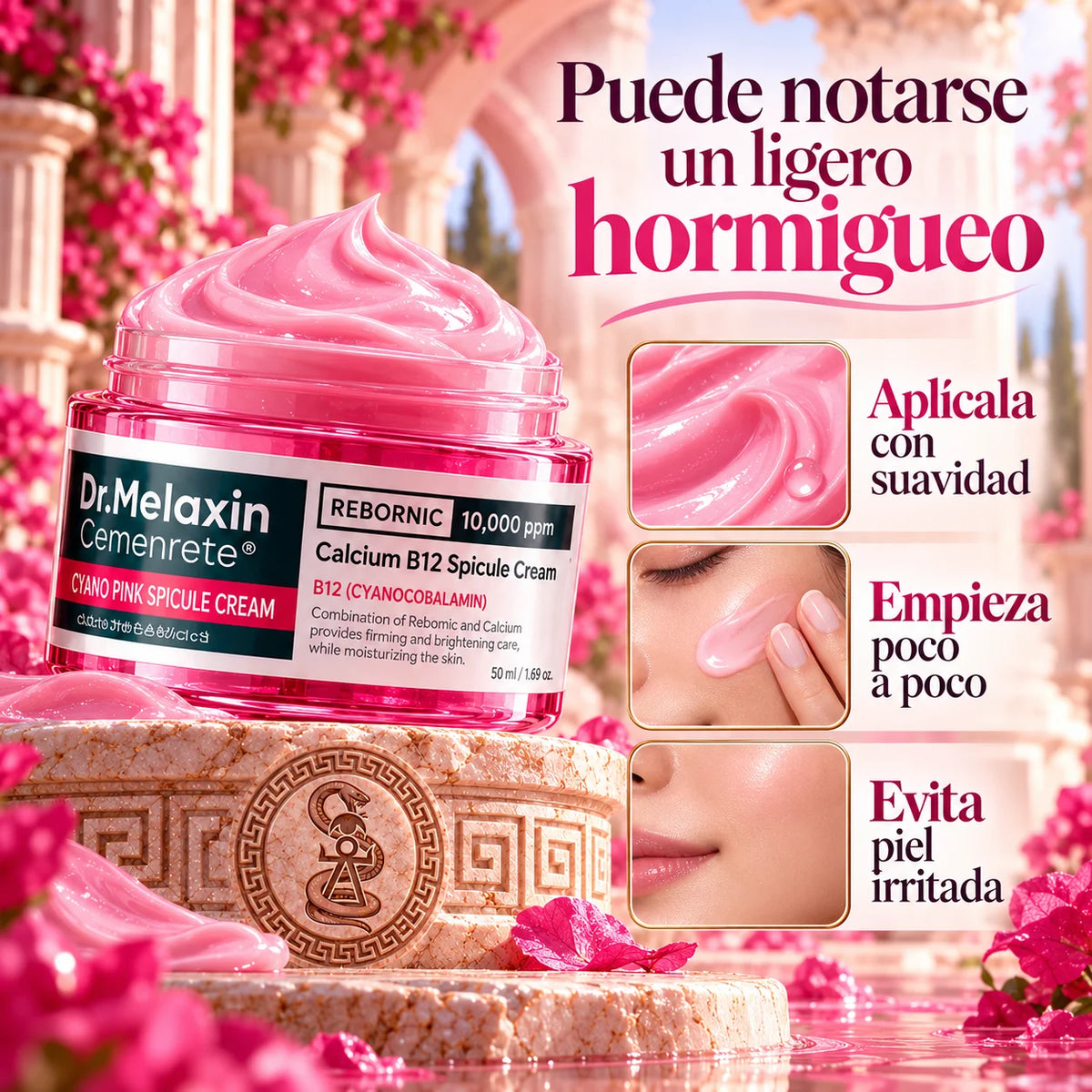 Crema rosa Dr. Melaxin con indicaciones: posible hormigueo, aplicar con suavidad, empezar poco a poco y evitar la piel irritada.