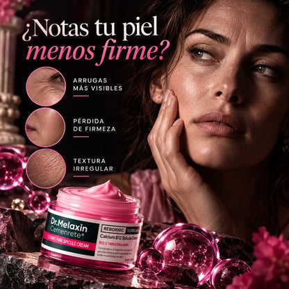 Mujer tocándose la mejilla junto a la crema rosa Dr. Melaxin y detalles de arrugas, pérdida de firmeza y textura irregular.