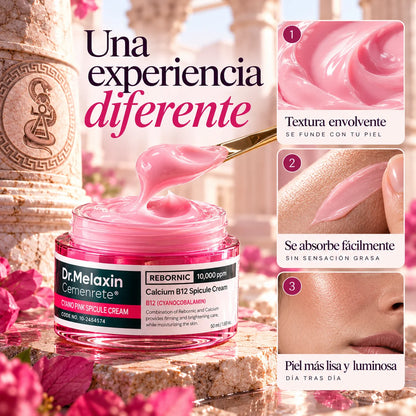 Tarro abierto de crema rosa Dr. Melaxin con espátula y detalles de su textura y aplicación sobre la piel.