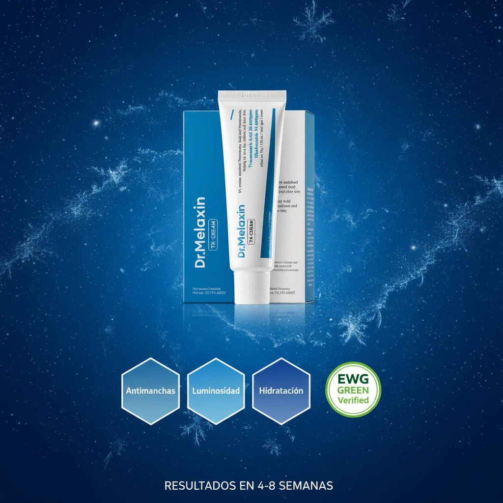 Infografía Dr.Melaxin crema antimanchas con ácido tranexámico 5%, niacinamida 3%, grado farmacéutico y clínicamente probado