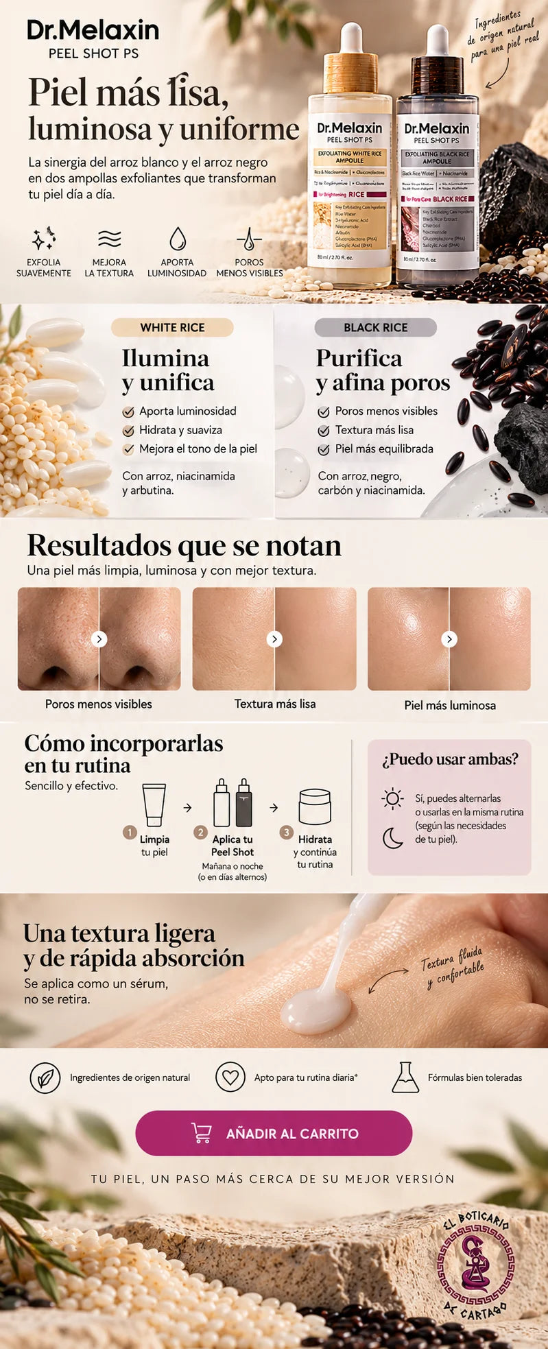 Beneficios y modo de uso del dúo exfoliante Dr. Melaxin Peel Shot PS de arroz blanco y arroz negro.