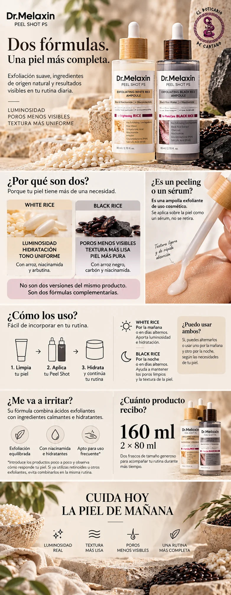 Guía del dúo Dr. Melaxin Peel Shot PS de arroz blanco y negro: beneficios, diferencias, modo de uso y cantidad.