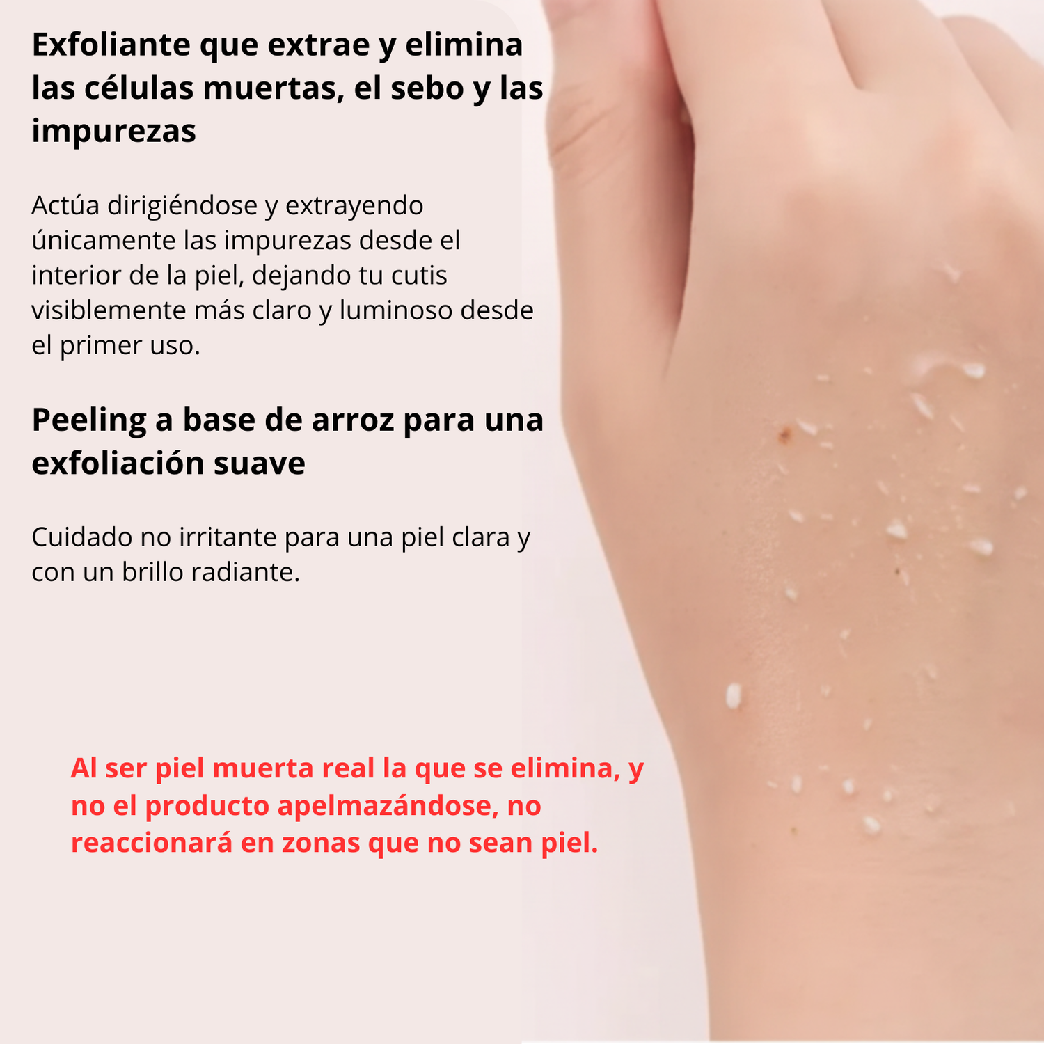 Brazo con partículas de piel muerta eliminadas por el peeling de arroz Dr. Melaxin Peel Shot Rice Ampoule