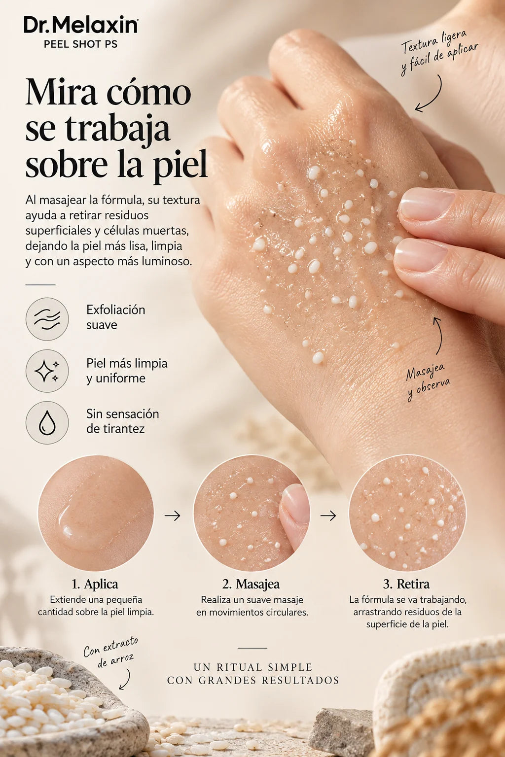 Aplicación y masaje de Dr. Melaxin Peel Shot PS para retirar residuos superficiales y células muertas de la piel.⠋