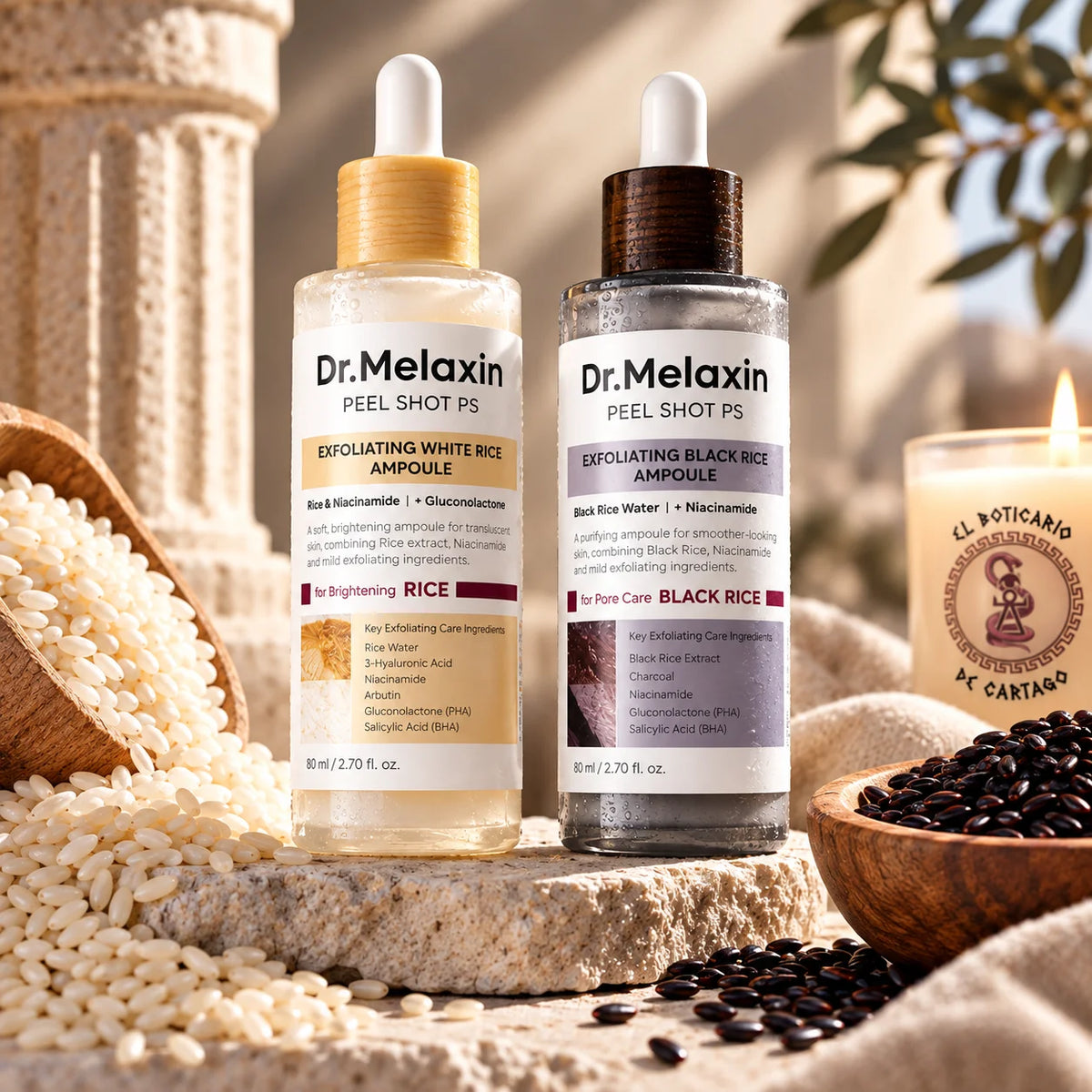 Ampollas exfoliantes Dr. Melaxin Peel Shot PS de arroz blanco y arroz negro.