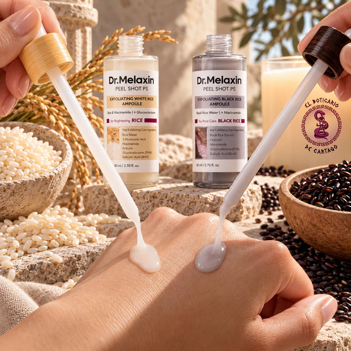 Comparación de las texturas de las ampollas Dr. Melaxin Peel Shot PS de arroz blanco y arroz negro.