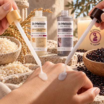 Comparación de las texturas de las ampollas Dr. Melaxin Peel Shot PS de arroz blanco y arroz negro.