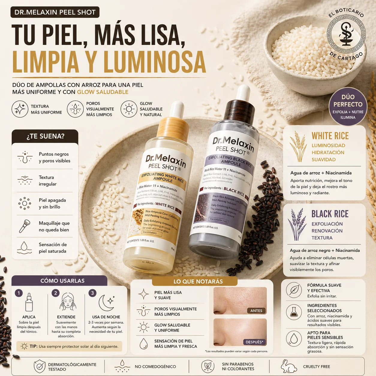Dúo Dr. Melaxin Peel Shot Rice y Black Rice para mejorar la textura de la piel, aportar luminosidad y ayudar a conseguir un efecto glass skin más uniforme