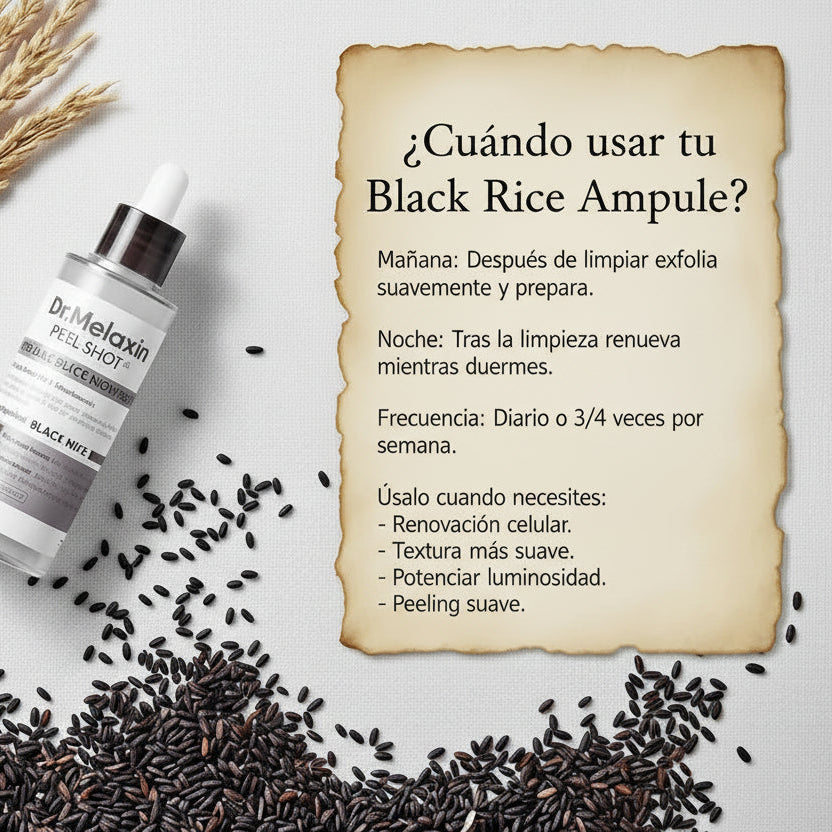 Infografía sobre cuándo usar Dr.Melaxin Black Rice Ampoule: guía de uso mañana y noche para exfoliación y renovación de la piel