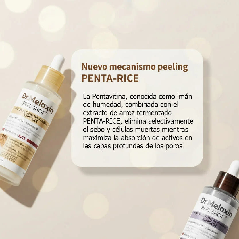 Infografía sobre pentavitina: beneficios de hidratación profunda y retención de humedad en la piel del sérum Dr.Melaxin Peel Shot Glow Rice Ampoule