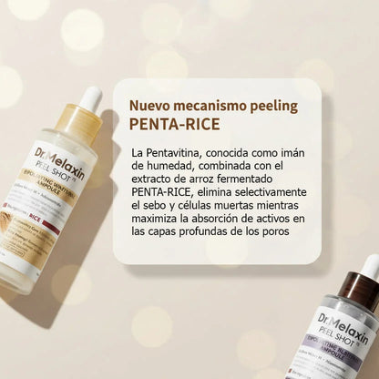 Infografía sobre pentavitina: beneficios de hidratación profunda y retención de humedad en la piel del sérum Dr.Melaxin Peel Shot Glow Rice Ampoule