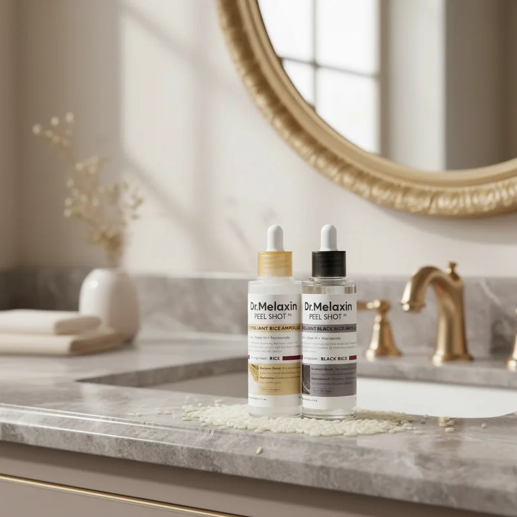 Dr.Melaxin Peel Shot Rice Ampoule Duo sobre encimera de mármol en baño de lujo