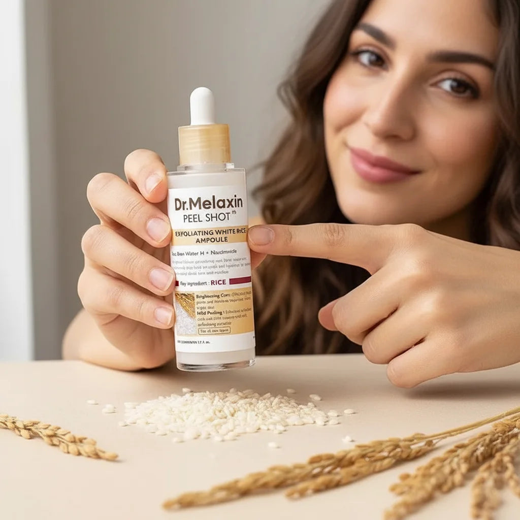 Mujer mostrando serum Dr.Melaxin Peel Shot Rice Ampoule con granos de arroz