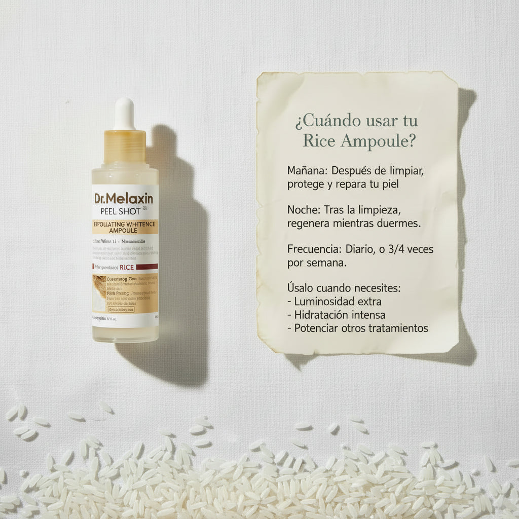 Infografía sobre cuándo usar Dr.Melaxin White Rice Ampoule: guía de uso mañana y noche para luminosidad e hidratación de la piel