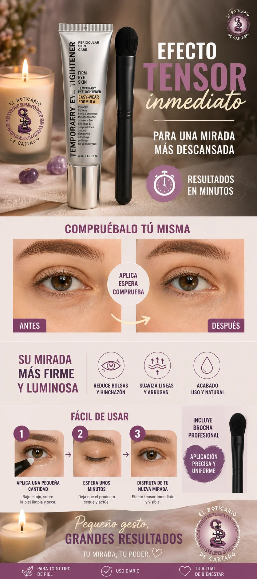 Efecto tensor inmediato para ojos – Reduce bolsas, suaviza arrugas y da un acabado liso y natural en minutos | El Boticario de Cartago