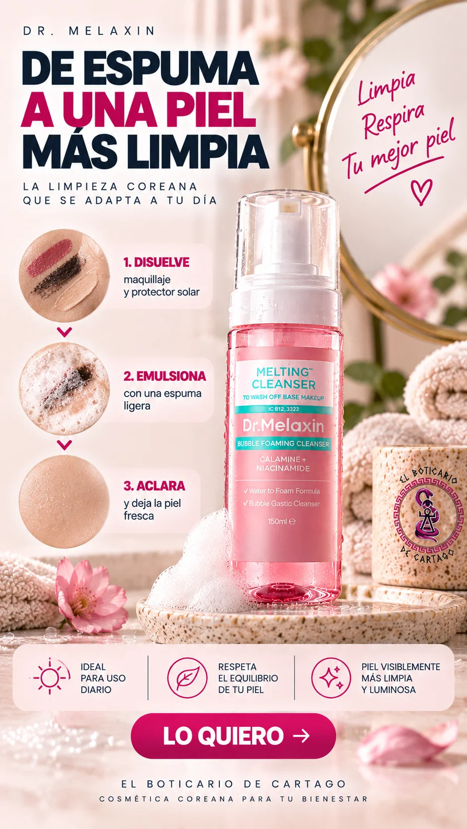 Espuma Limpiadora Melting Cleanser Dr. Melaxin – Limpieza profunda de maquillaje, SPF e impurezas sin irritar, apta para uso diario