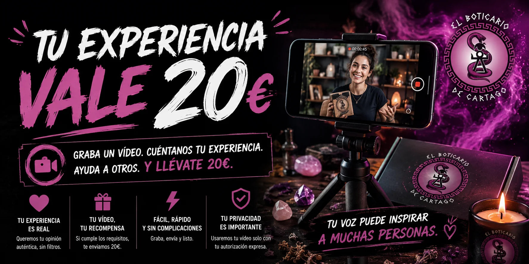 Campaña Tu experiencia vale 20 € de El Boticario de Cartago: graba un vídeo contando tu experiencia con nuestros productos y recibe 20 € de crédito para tu próxima compra