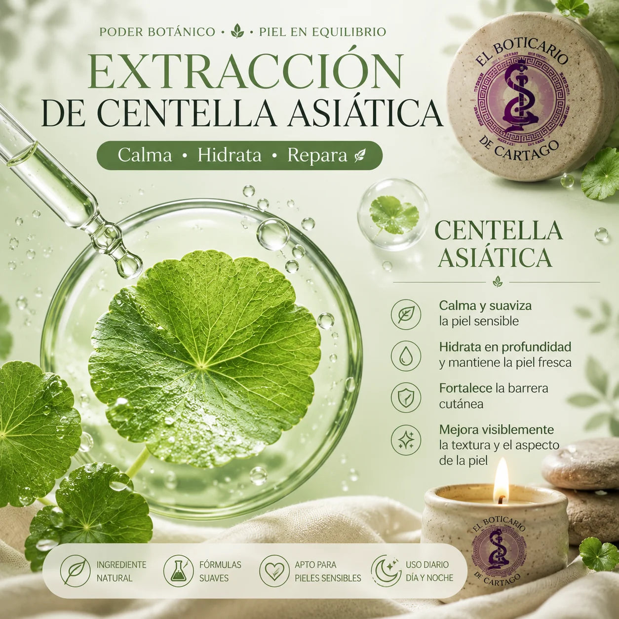 Extracción de Centella Asiática – ingrediente natural que calma, hidrata y repara la piel sensible, fortalece la barrera cutánea y mejora la textura