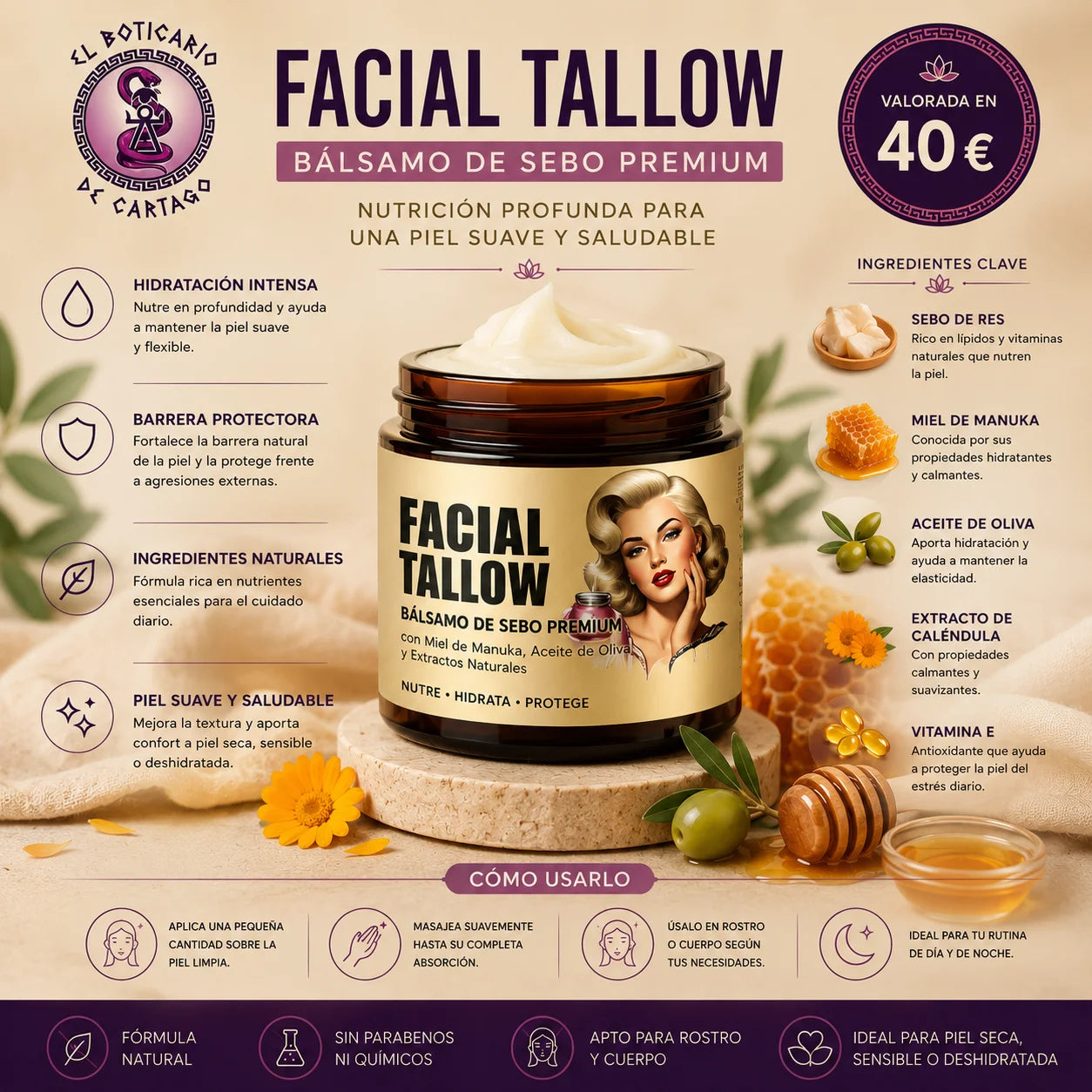 Infografía premium de Facial Tallow Bálsamo de Sebo con miel de Manuka y aceites naturales de El Boticario de Cartago sobre fondo beige estilo spa y cosmética natural.