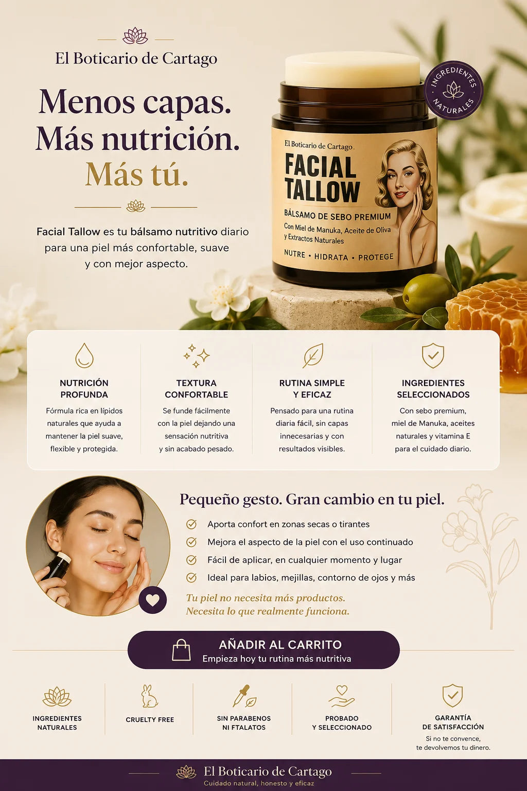 Creatividad premium de cierre para Facial Tallow de El Boticario de Cartago mostrando el bálsamo nutritivo con ingredientes naturales, beneficios para la piel y llamada a la acción elegante sobre fondo spa beige.