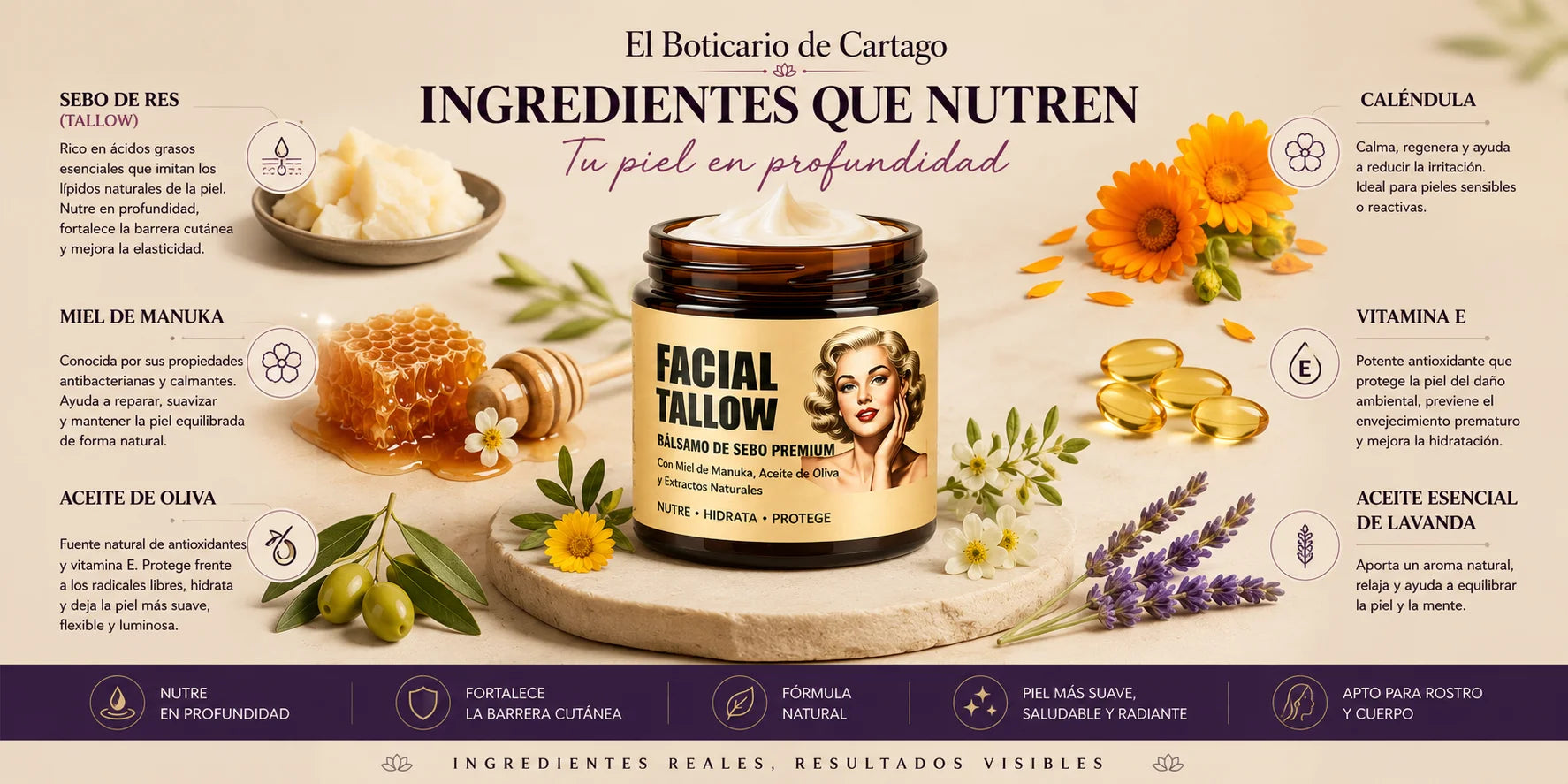 Banner premium de Facial Tallow de El Boticario de Cartago mostrando ingredientes naturales como miel de Manuka, caléndula, aceite de oliva y vitamina E con explicación visual de sus beneficios para la piel.