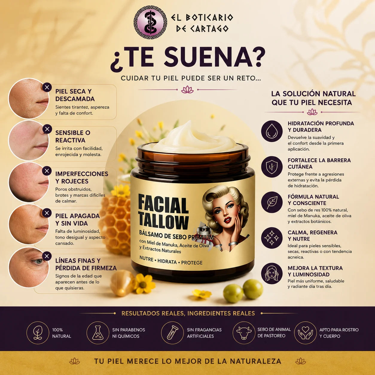 Infografía premium de Facial Tallow de El Boticario de Cartago mostrando beneficios para piel seca, sensible y apagada con ingredientes naturales como miel de Manuka y sebo de res.