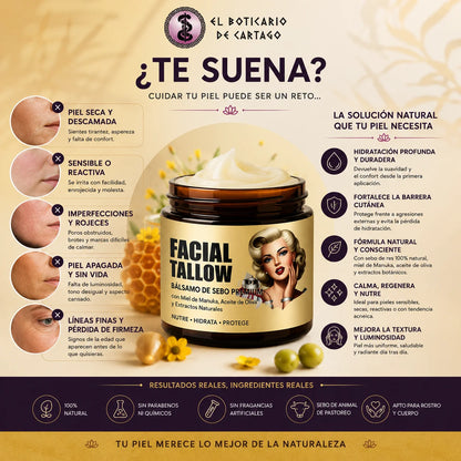 Infografía premium de Facial Tallow de El Boticario de Cartago mostrando beneficios para piel seca, sensible y apagada con ingredientes naturales como miel de Manuka y sebo de res.