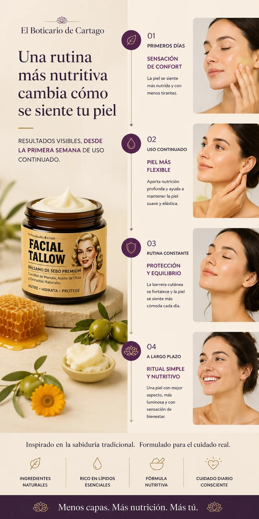 Infografía premium de Facial Tallow de El Boticario de Cartago mostrando una rutina nutritiva para piel seca y sensible con ingredientes naturales y beneficios progresivos de uso continuado.