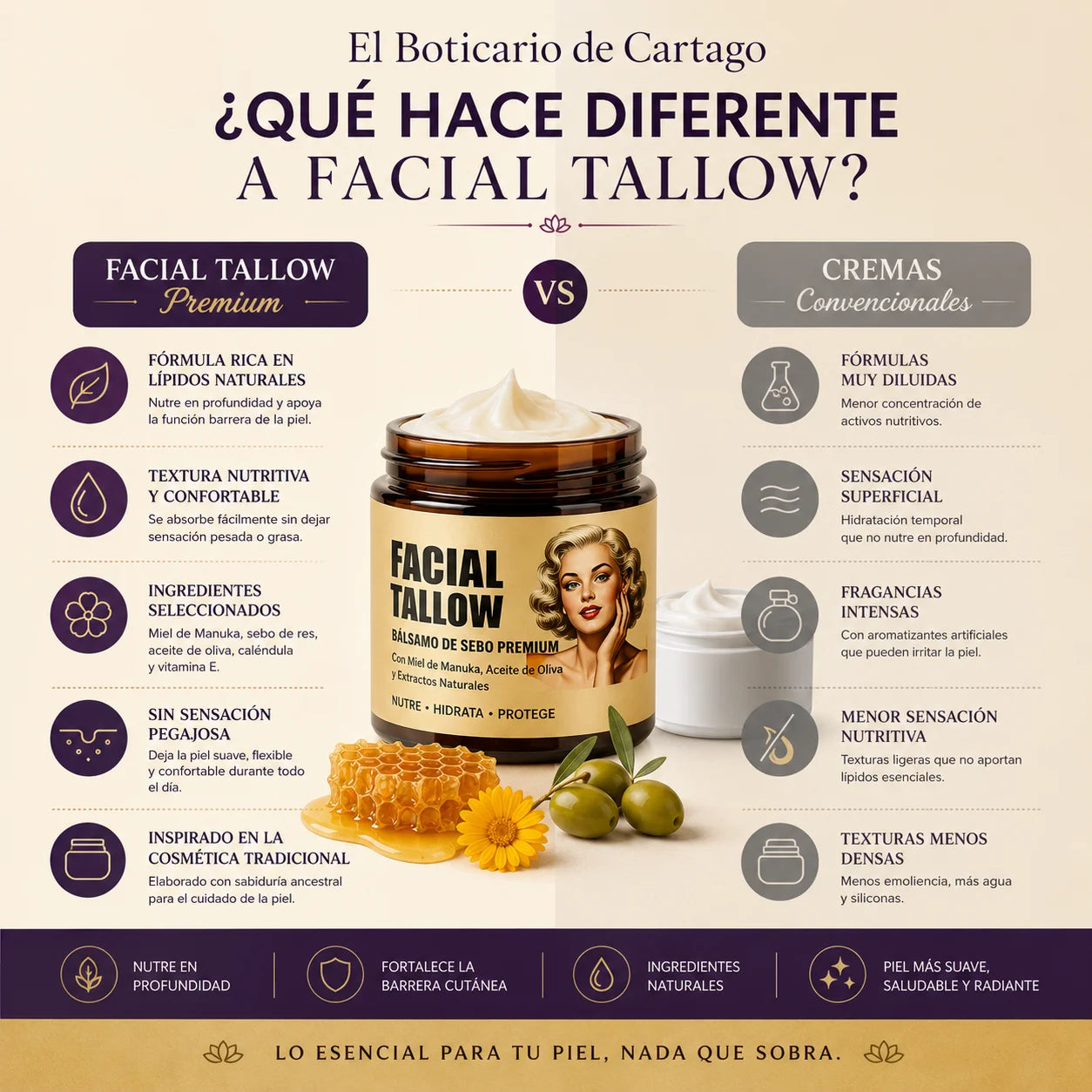 Infografía comparativa premium de Facial Tallow de El Boticario de Cartago frente a cremas convencionales mostrando textura nutritiva, ingredientes naturales y cuidado profundo de la piel.