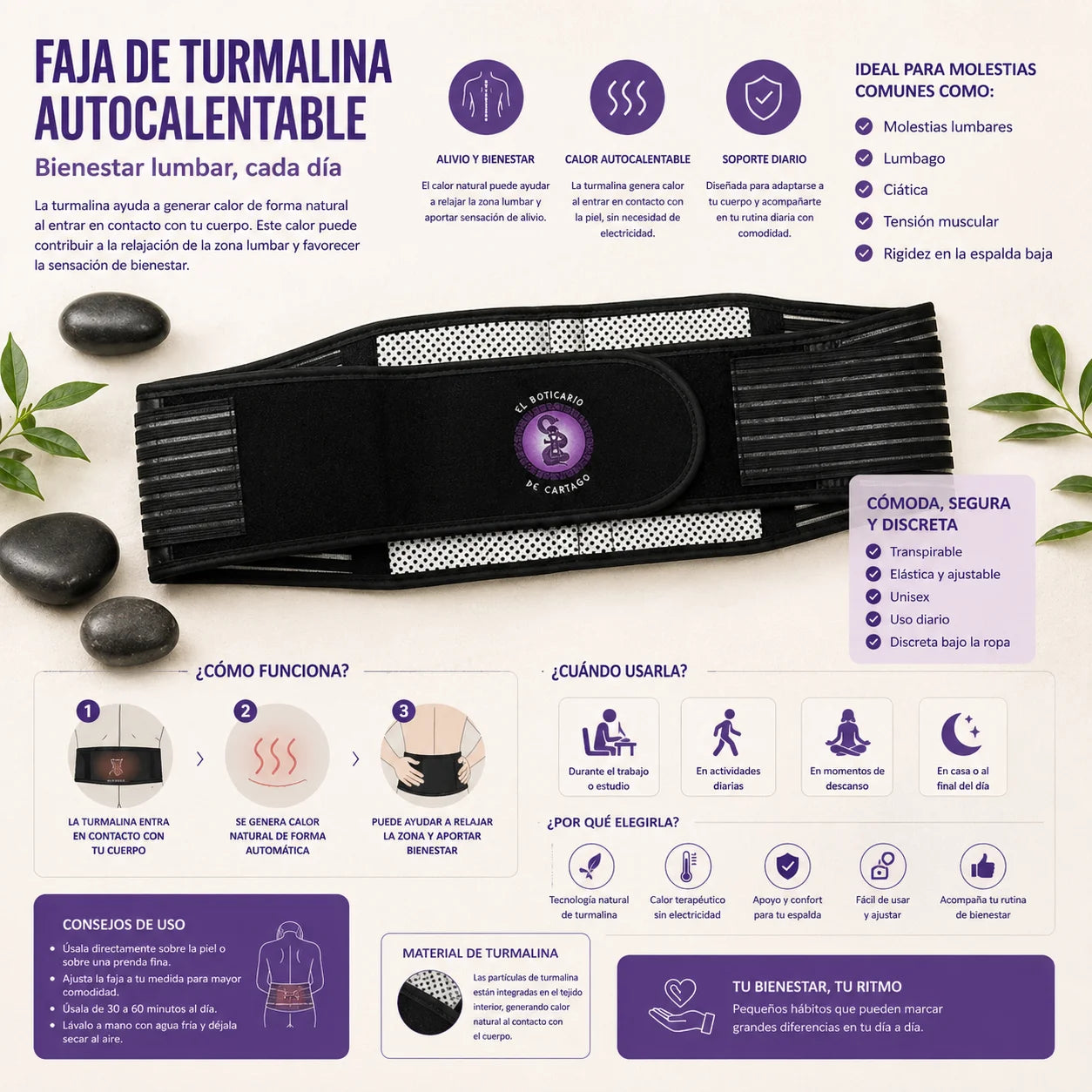Faja lumbar de turmalina autocalentable diseñada para aportar calor natural, soporte y sensación de bienestar en la zona lumbar en el uso diario