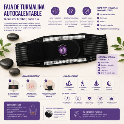 Faja lumbar de turmalina autocalentable diseñada para aportar calor natural, soporte y sensación de bienestar en la zona lumbar en el uso diario