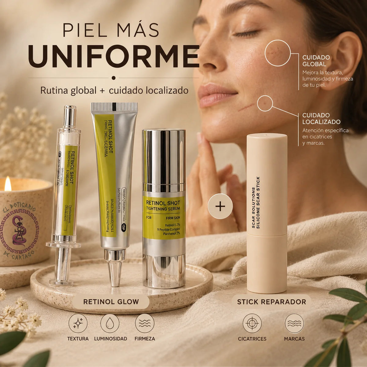 Bundle Glow & Repair – Retinol Glow + Stick Reparador de Cicatrices para piel más uniforme