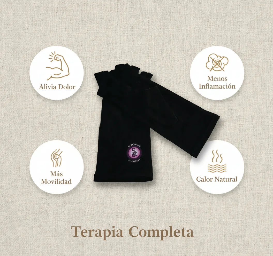 Infografía de beneficios de los Guantes de Turmalina: alivia dolor, menos inflamación, más movilidad y calor natural
