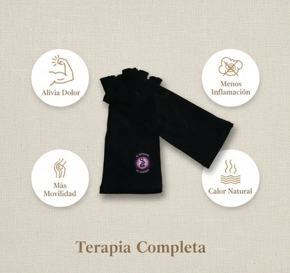 Infografía de beneficios de los Guantes de Turmalina: alivia dolor, menos inflamación, más movilidad y calor natural