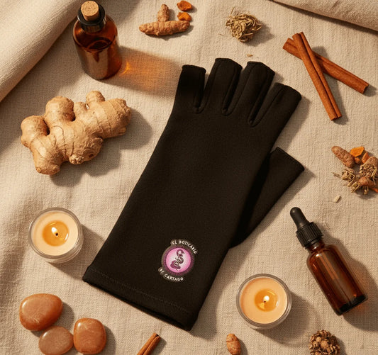 Guantes de turmalina El Boticario de Cartago sobre lino con elementos de calor y bienestar