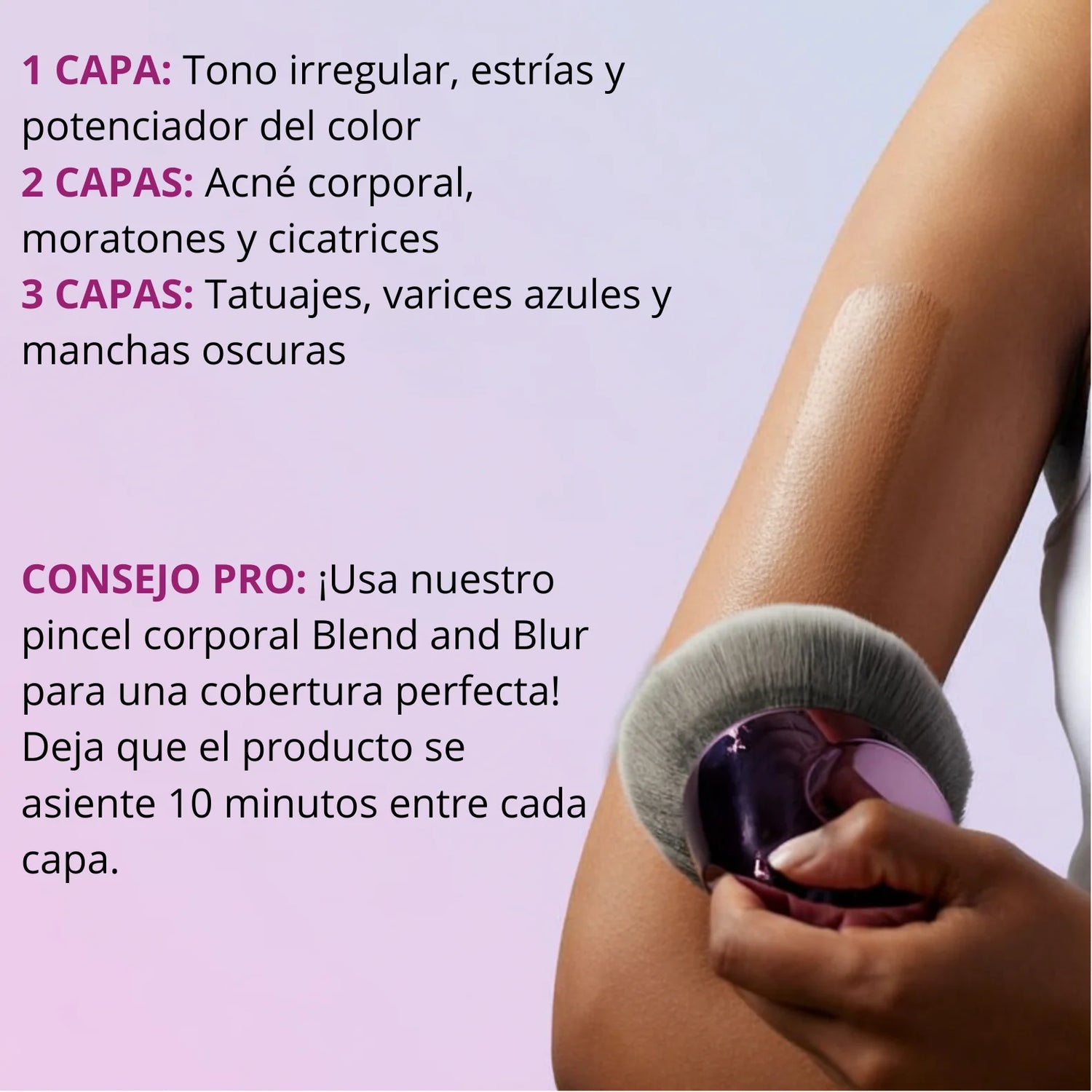 Aplicación de maquillaje corporal waterproof con pincel en brazo, fondo lila