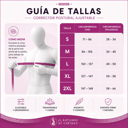 Guía de tallas corrector postural ajustable El Boticario de Cartago – tallas S a 2XL según circunferencia de pecho, ajustable, transpirable y discreto