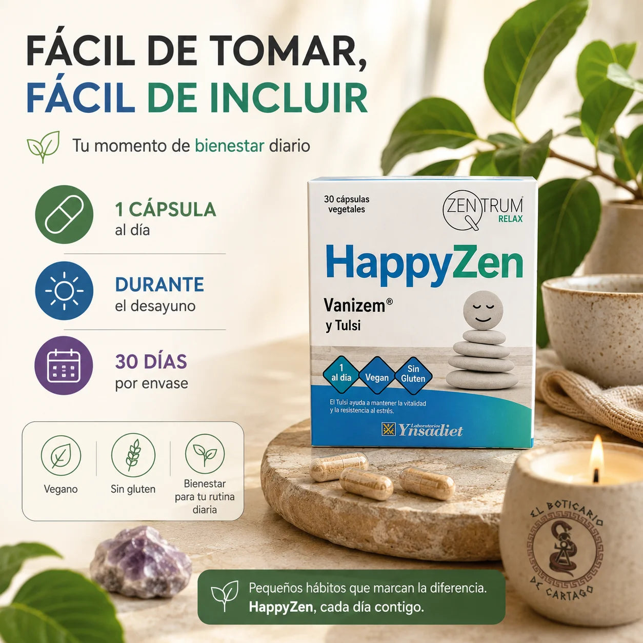 HappyZen Ynsadiet – 1 cápsula vegetal al día durante el desayuno, envase para 30 días, vegano y sin gluten