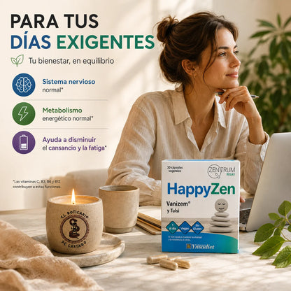 Mujer en su escritorio con HappyZen, suplemento para el cansancio y la energía