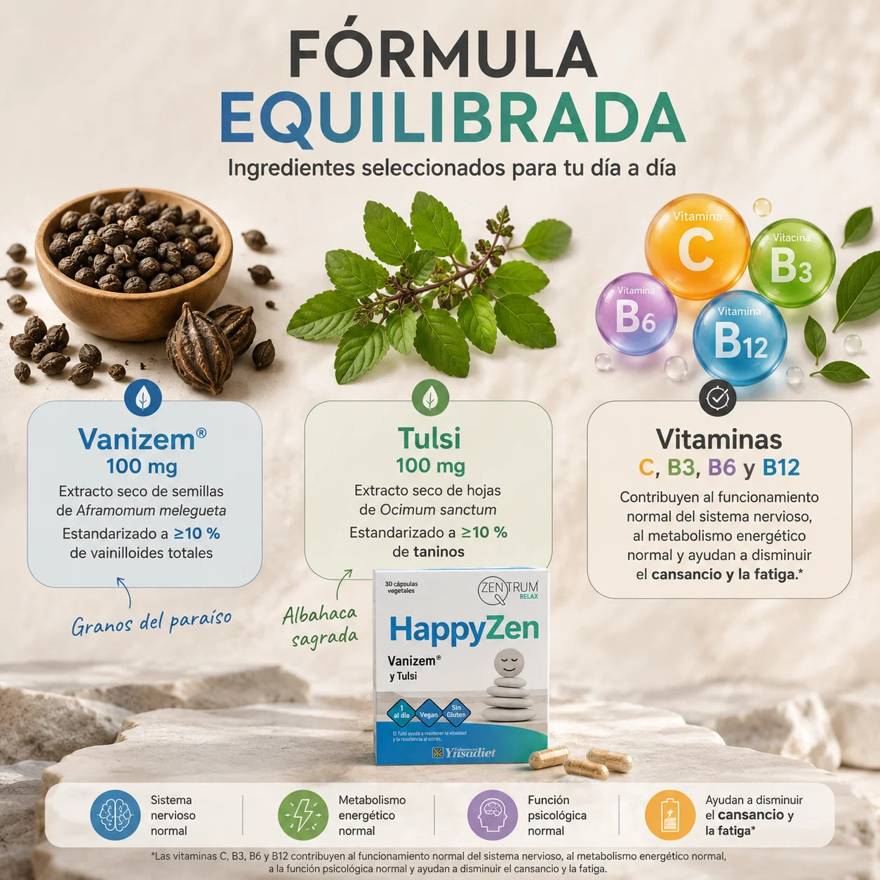 HappyZen Ynsadiet – Fórmula equilibrada con Vanizem 100mg, Tulsi 100mg y vitaminas C, B3, B6 y B12 para el sistema nervioso y la reducción del cansancio