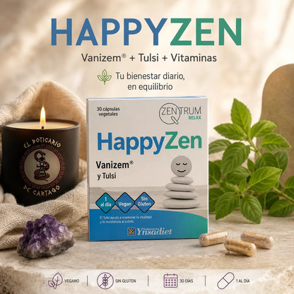 Caja de HappyZen Zentrum Relax con cápsulas vegetales sobre superficie de piedra