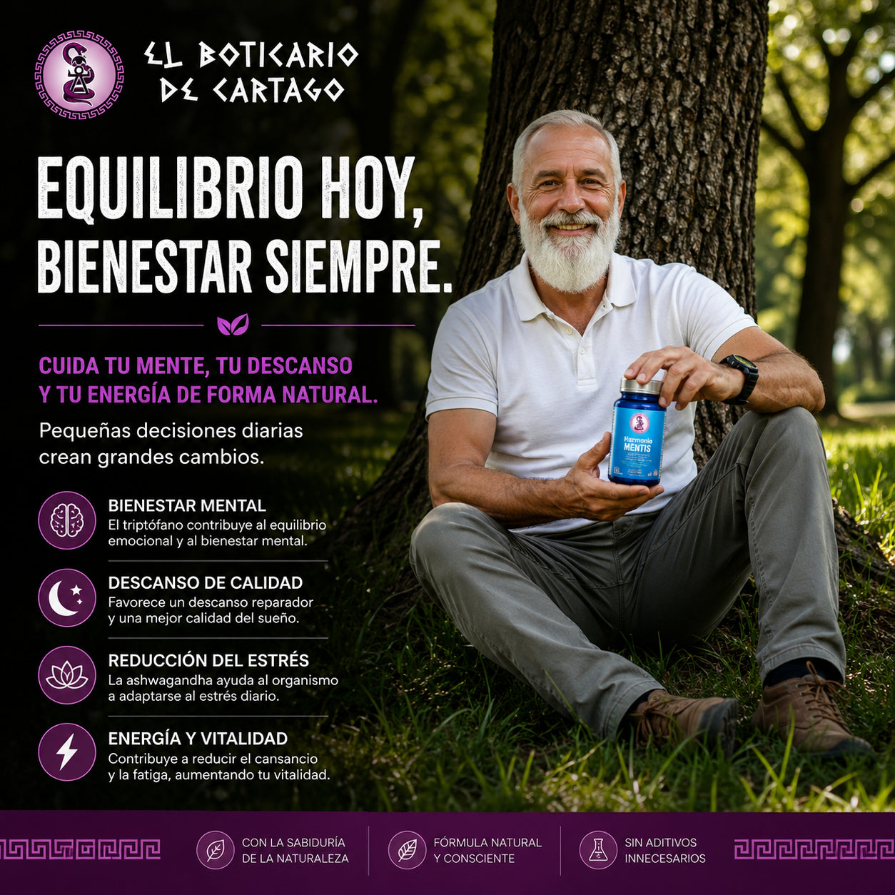 Imagen lifestyle cuadrada de Harmonia Mentis de El Boticario de Cartago mostrando a un hombre relajado bajo un árbol sosteniendo el suplemento con mensaje motivacional sobre equilibrio, descanso y bienestar natural.