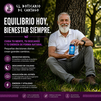 Imagen lifestyle cuadrada de Harmonia Mentis de El Boticario de Cartago mostrando a un hombre relajado bajo un árbol sosteniendo el suplemento con mensaje motivacional sobre equilibrio, descanso y bienestar natural.