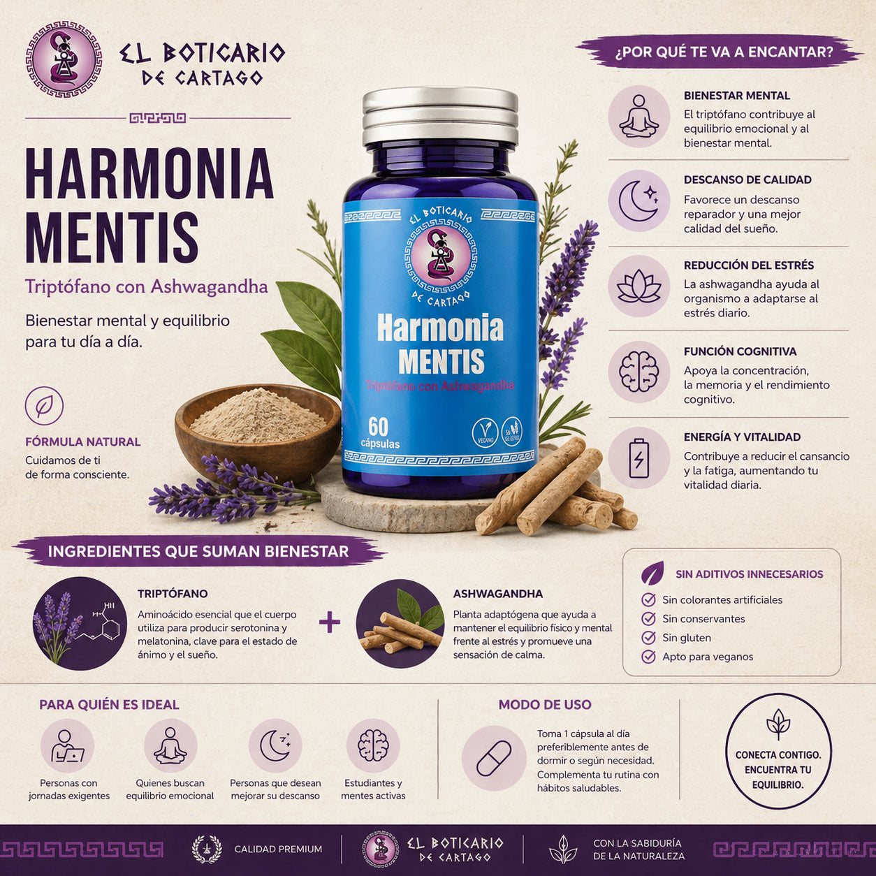 Infografía cuadrada de Harmonia Mentis de El Boticario de Cartago con triptófano y ashwagandha, mostrando bienestar emocional, descanso, equilibrio diario e ingredientes naturales en diseño wellness premium.