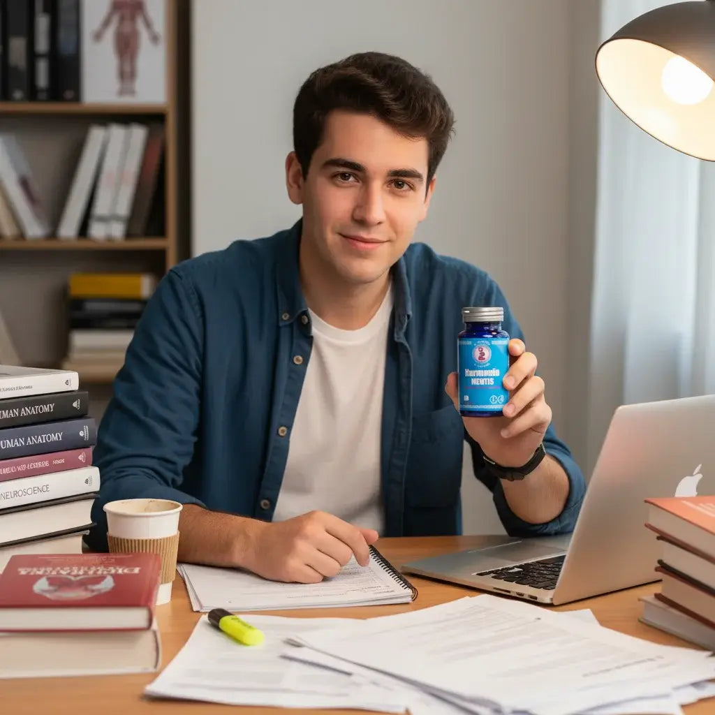 Estudiante aliviado mostrando Harmonia MENTIS con triptófano y ashwagandha para concentración y gestión de estrés académico