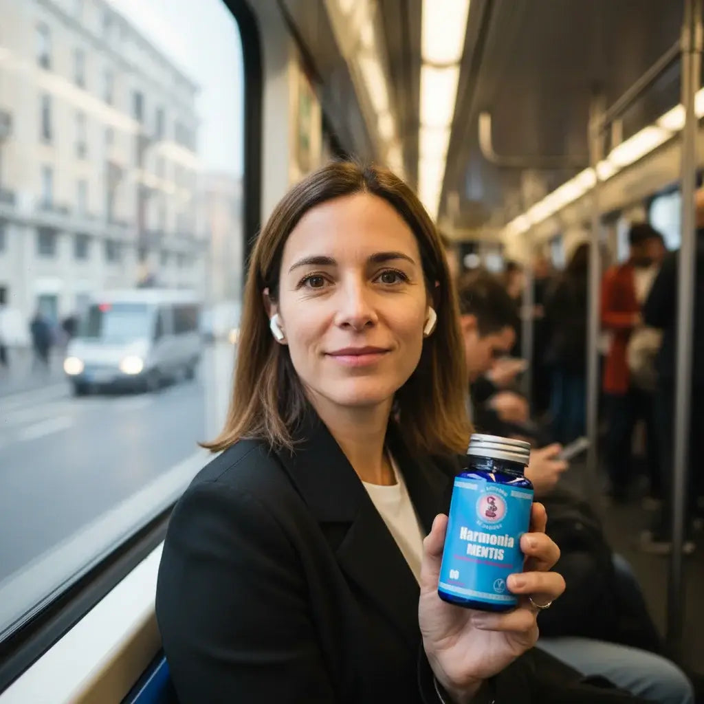 Persona tranquila en transporte público abarrotado mostrando Harmonia MENTIS para mantener paz mental en situaciones estresantes