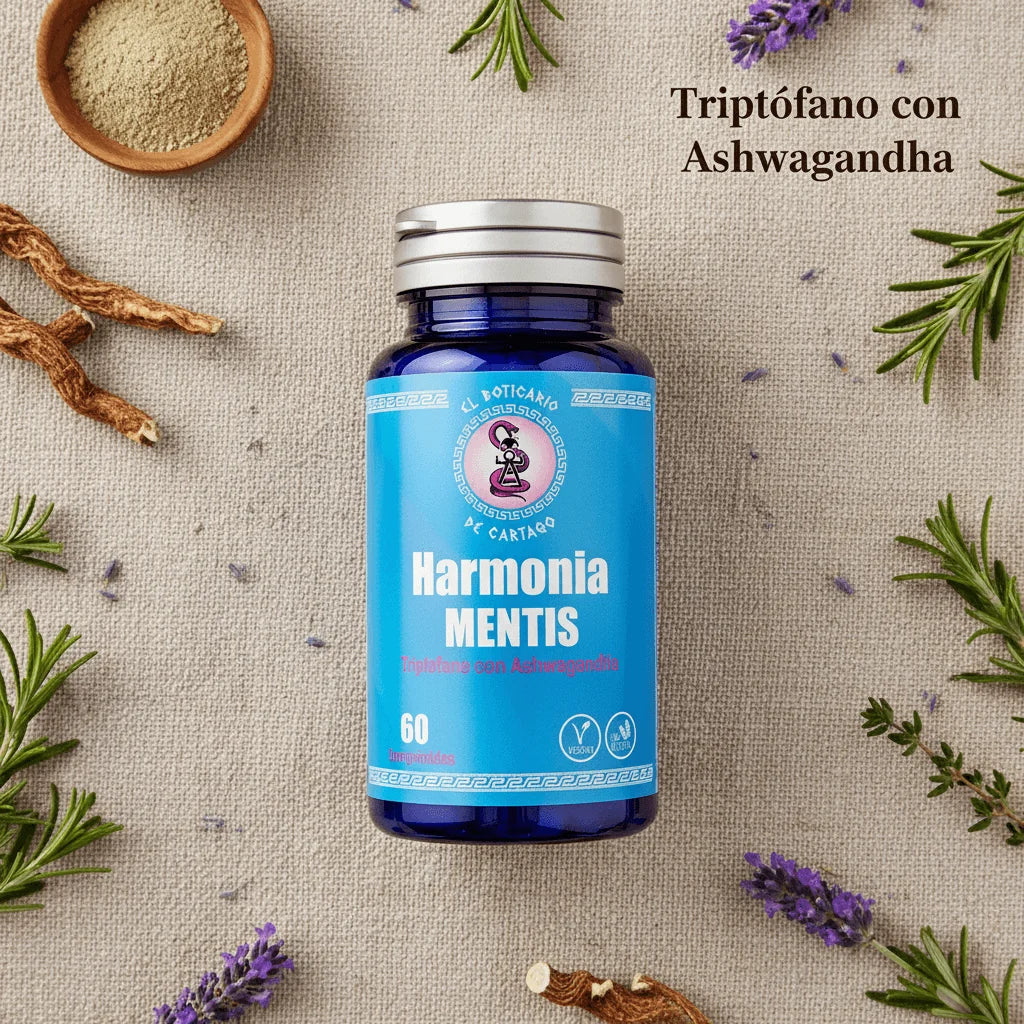 Harmonia MENTIS con Triptófano y Ashwagandha sobre fondo natural con hierbas y raíces - Suplemento para equilibrio mental y emocional