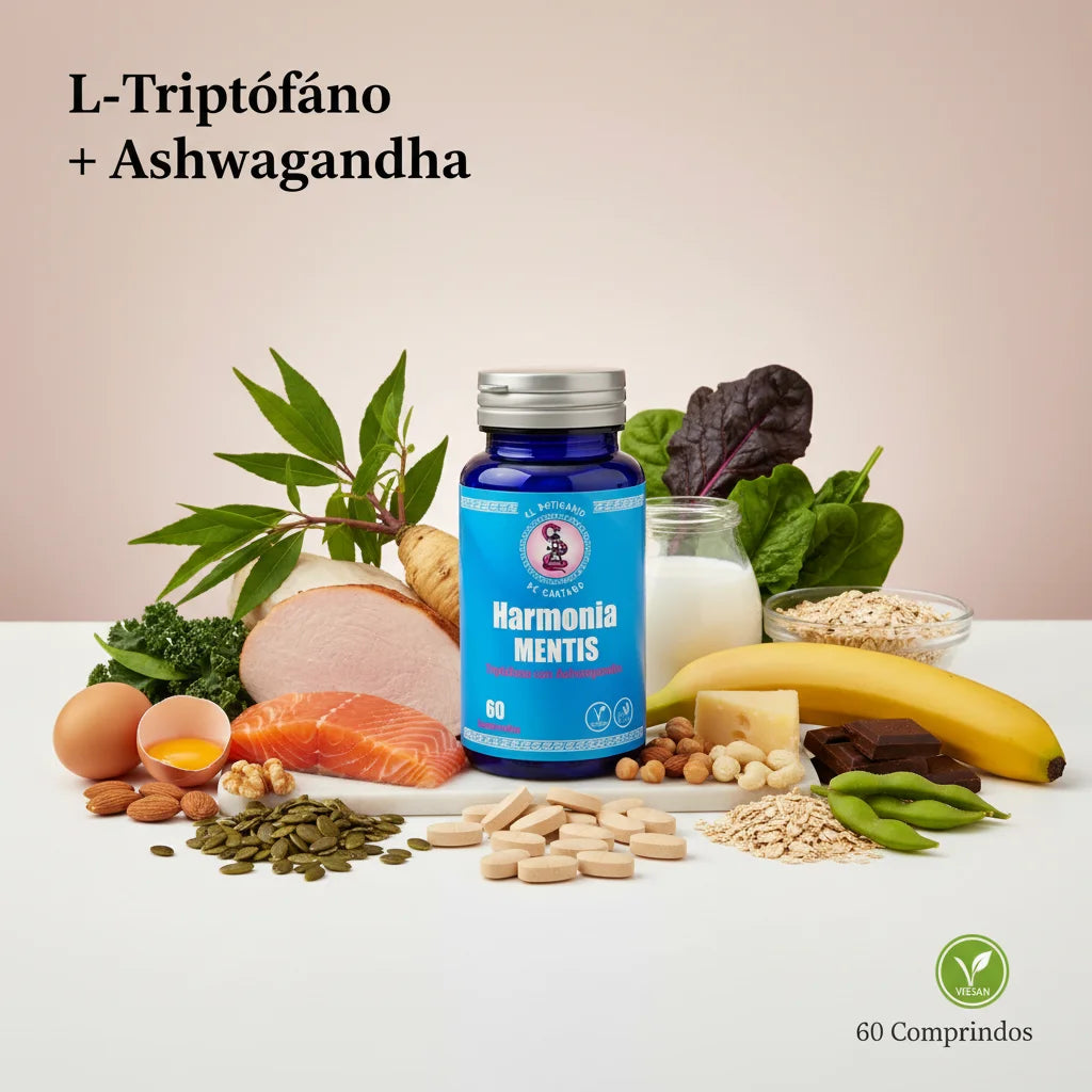 Harmonia MENTIS con L-Triptófano y Ashwagandha rodeado de alimentos ricos en triptófano: salmón, huevos, frutos secos, semillas, vegetales - El Boticario de Cartago