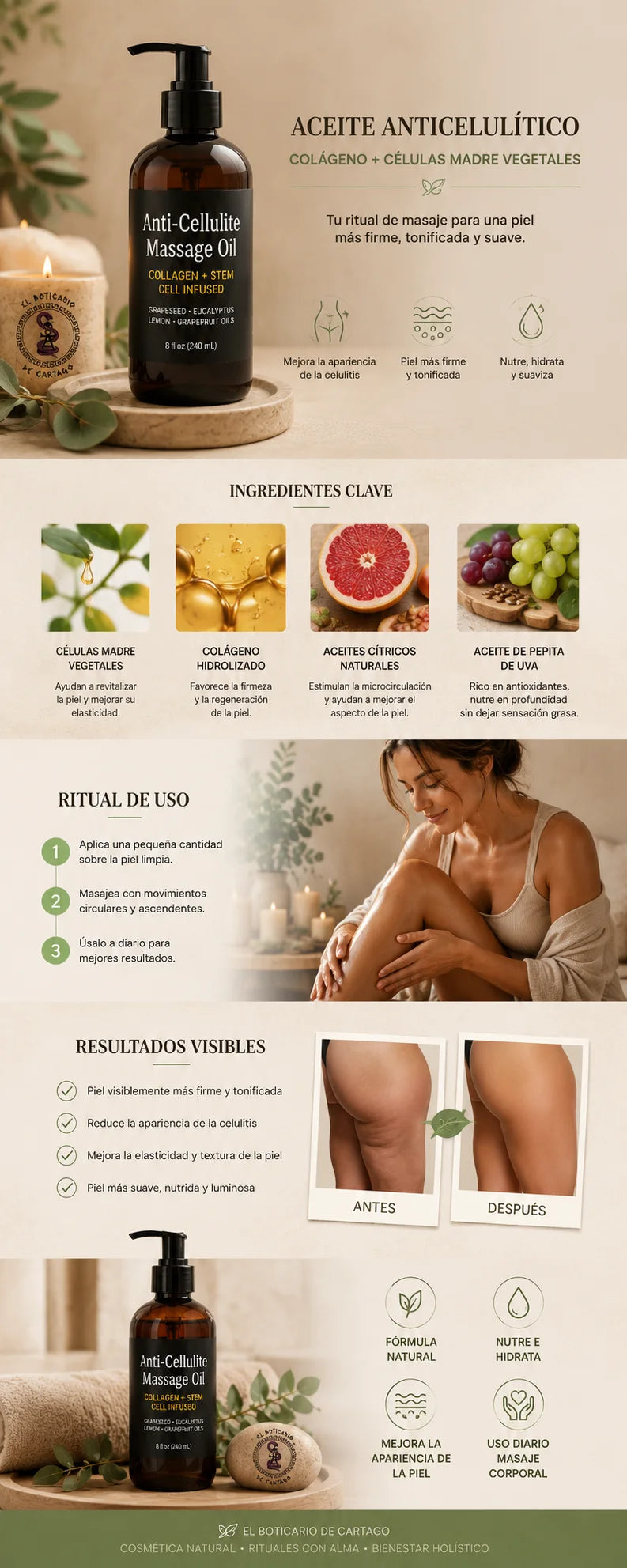 Infografía del aceite anticelulítico con colágeno y células madre vegetales mostrando beneficios, ingredientes principales, modo de uso y rutina de masaje corporal para mejorar visualmente la apariencia de la piel.